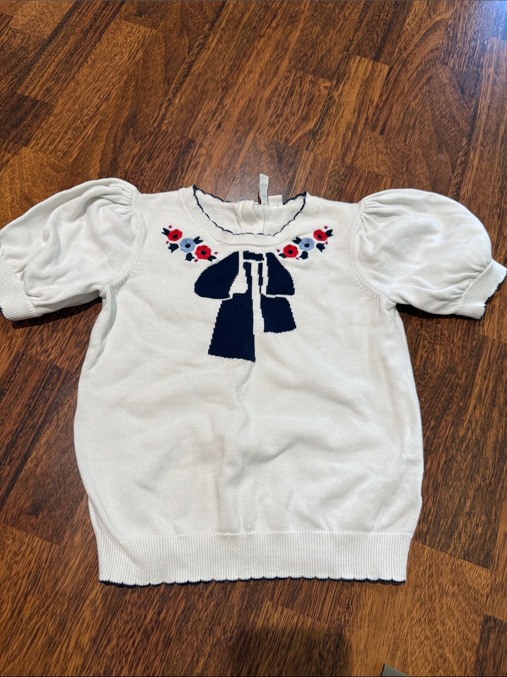 Girls White Knit Top with Navy Bow and Floral Detail